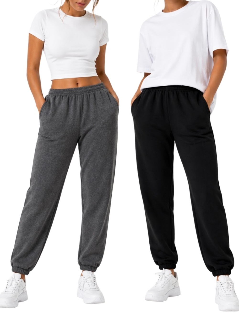 2 Pack Jogger Sweatpants Womens M Black Gray Cozy Fleece